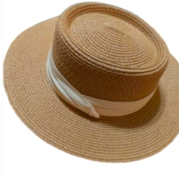 Handmade Accessories - Chic Tan Straw Hat with White Ribbon